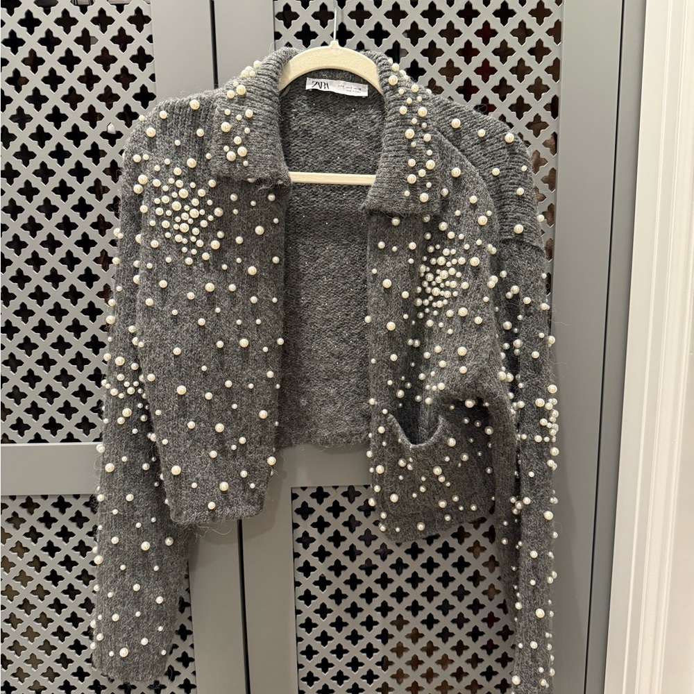 Zara Gray Women's Sweater Jacket with Pearl Details